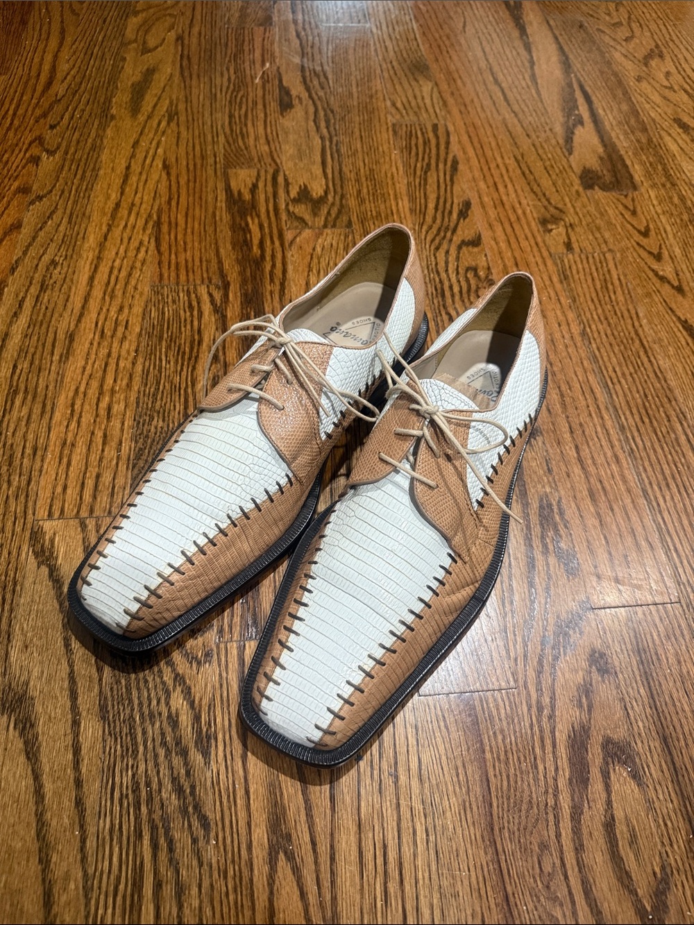 Mens GENUINE lizard skin Two-Tone White and Tan Lace-Up Derby Oxfords